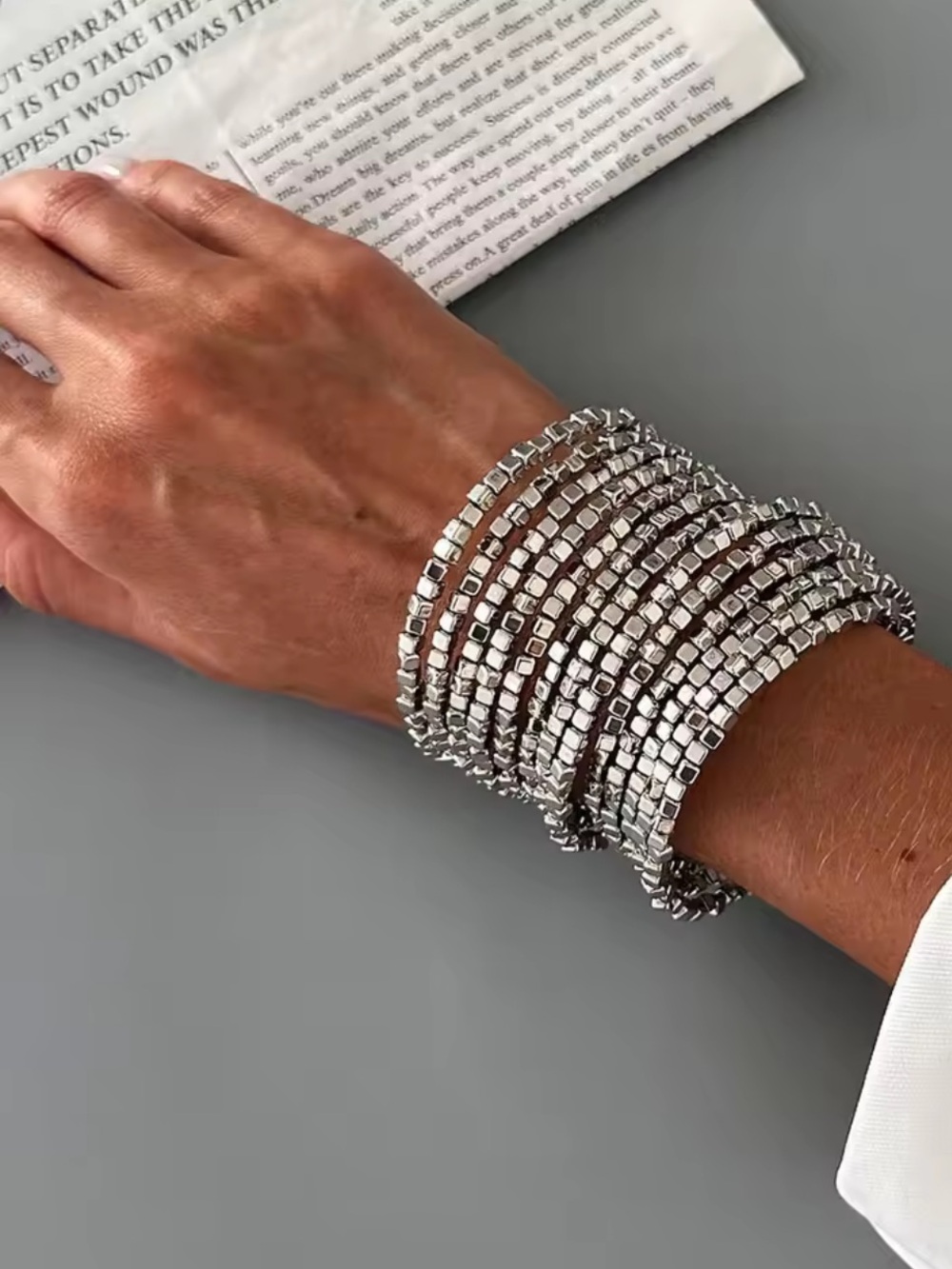 Luxury Silver Multi-Row Beaded Coil Bracelet